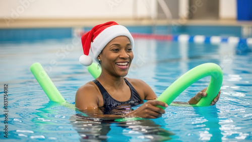 African American woman exercising in pool with Santa hat, holiday fitness and joyful recreation