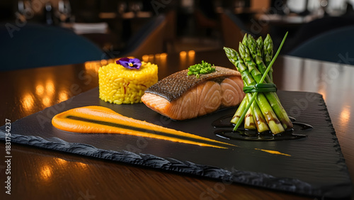Fototapeta Naklejka Na Ścianę i Meble -  Salmon fillet with risotto asparagus and sauce served on a black stone plate in a restaurant