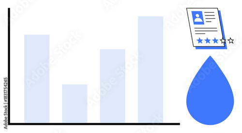 Bar chart indicating progress, a performance review card with rating stars, and a water drop symbol. Ideal for data analysis, performance evaluation, sustainability, metrics, environmental care