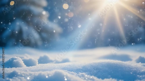 柔らかいフォーカスの光フレアが雪のようなテクスチャ表面をゆっくりと移動し、微細な光粒子が漂う冬の背景。
