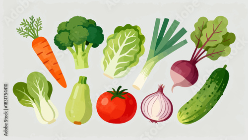 This vibrant illustrated collection features a variety of fresh vegetables (carrots, broccoli, tomatoes, lettuce, etc.) in colorful, detailed artwork, arranged against a plain white background.
