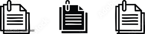 Attached Document or Note Icons, Three Document Icons with Paperclips, Sticky Note or Memo with Attachment Icons, File with Paperclip Icons (Outline and Solid), silhouette, vector, illustration.