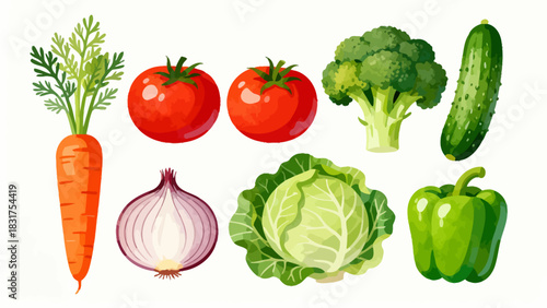 This vibrant illustrated collection features a variety of fresh vegetables (carrots, broccoli, tomatoes, lettuce, etc.) in colorful, detailed artwork, arranged against a plain white background.