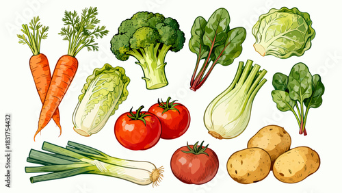 This vibrant illustrated collection features a variety of fresh vegetables (carrots, broccoli, tomatoes, lettuce, etc.) in colorful, detailed artwork, arranged against a plain white background.