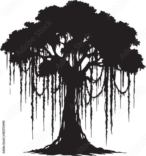 Majestic Silhouette of an Ancient Tree with Hanging Roots in Nature