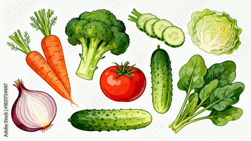 This vibrant illustrated collection features a variety of fresh vegetables (carrots, broccoli, tomatoes, lettuce, etc.) in colorful, detailed artwork, arranged against a plain white background.