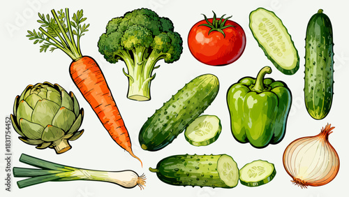This vibrant illustrated collection features a variety of fresh vegetables (carrots, broccoli, tomatoes, lettuce, etc.) in colorful, detailed artwork, arranged against a plain white background.