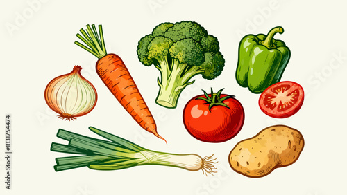 This vibrant illustrated collection features a variety of fresh vegetables (carrots, broccoli, tomatoes, lettuce, etc.) in colorful, detailed artwork, arranged against a plain white background.