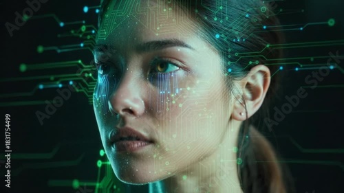 Futuristic Woman Portrait with Glowing Green Circuit Board Overlay on Face
