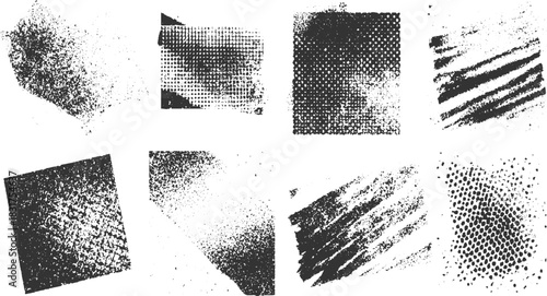 Collection of eight black and white grunge textures with distressed patterns and speckles vector