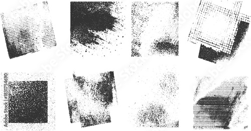 Collection of eight black and white grunge textures and abstract distressed graphic elements vector