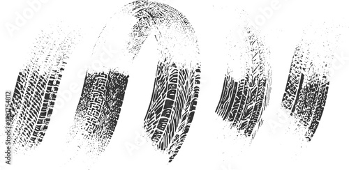 Black tire tracks with distressed edges on white background tread imprint