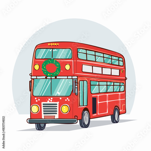 Cartoon Handdrawn London Double Decker Red Bus with Christmas Wreath Illustration