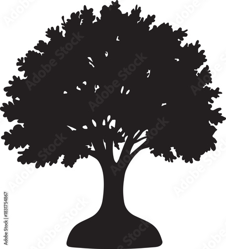 Striking black silhouette illustration of a mature leafy tree