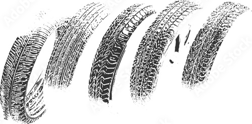 Five black tire tracks with varied tread patterns on a white background vehicle