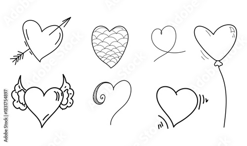 Hearts of different shapes, black and white sketch, simple drawing. vector illustration. A set of hearts is isolated on a white background. Wedding theme, birthday, Valentine's day, fabric design