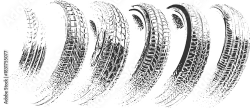 Black tire tracks on white background abstract pattern tread imprint