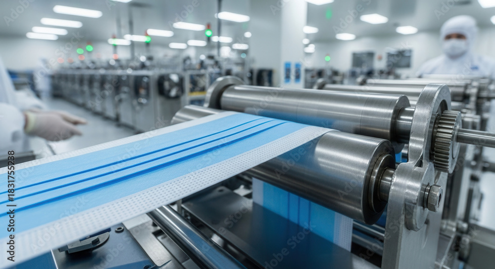 Fototapeta premium Nonwoven mask material processing in cleanroom facility, healthcare manufacturing and industrial automation