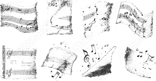 Collection of eight distressed grunge musical notation elements with torn paper edges note sheet