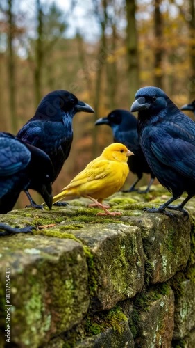 Unlikely friendship between a yellow canary bird and black crows in a tranquil forest setting video