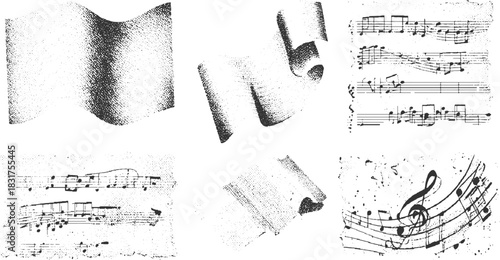 Black and white abstract textures and musical notation elements background