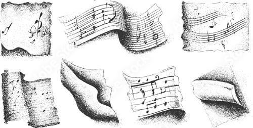 Collection of black and white stippled illustrations of torn musical sheet music with notes and clefs