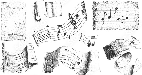 Collection of vintage music notes and scrolls in black and white stippled style sheet