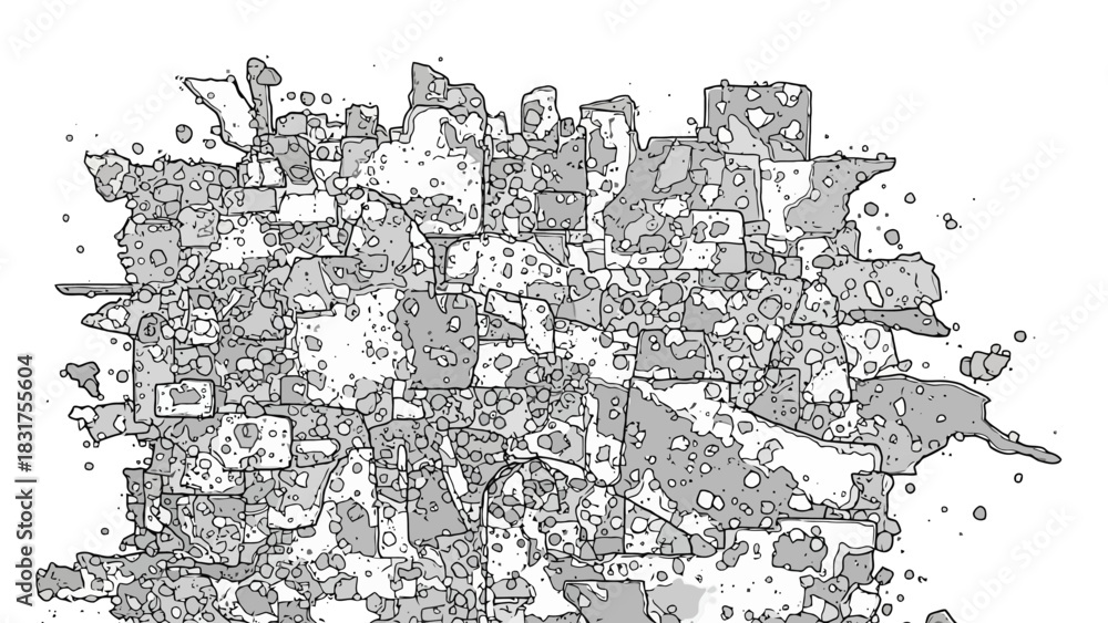Fototapeta premium Abstract black and white line art of a chaotic urban city plan, a fragmented digital network grid