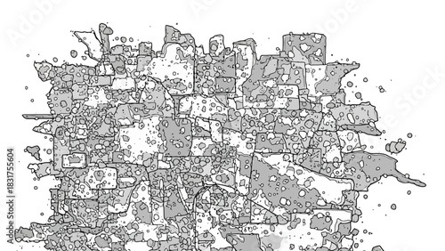 Abstract black and white line art of a chaotic urban city plan, a fragmented digital network grid