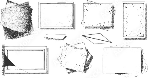 Black and white textured frames and paper scraps scattered on white background border
