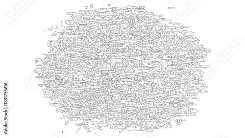 Abstract cloud of densely packed words, creating a textured, amorphous shape against a plain white background, suggesting a complex idea or information overload