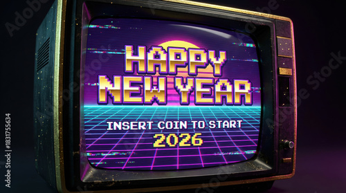 Retro CRT TV displaying a pixel art Happy New Year 2026 message in 80s synthwave style. Vintage arcade gaming concept with neon grid and Insert Coin text.
