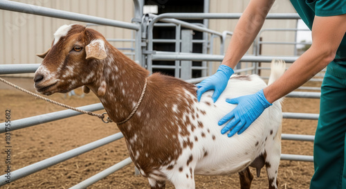 Veterinarian treating goat on farm during health check, livestock care and animal welfare
