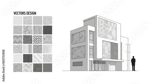 Sleek Modern Building Illustration Showcasing Varied Vector Patterns on its Facade, Ideal for Architectural Design Concepts and Urban Development