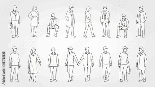 Diverse Group of People in Minimalist Line Art for Architectural Representation