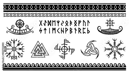 Norse Viking symbol set with Elder Futhark runes, hand drawn lines, ancient ornaments, ships and protective signs. Tribal Scandinavian icons for mythic design, history themes and tattoo style graphics