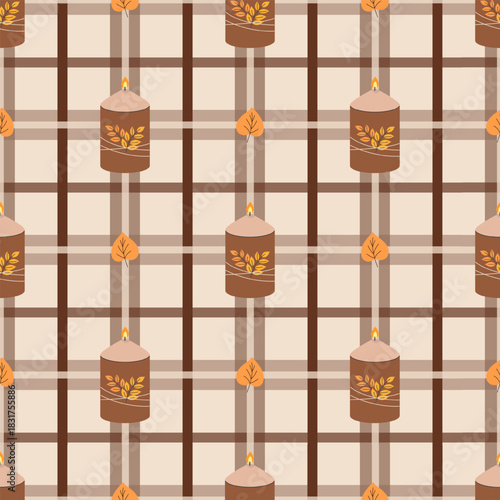 Cozy candle seamless pattern with leaves on a checkered beige background, warm autumn mood for wrapping paper and home decor