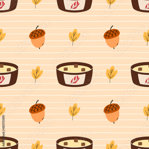 Cozy seamless pattern with chocolate-brown bowl candles and bows on a beige bg. Perfect for fall decor, packaging and warm seasonal designs