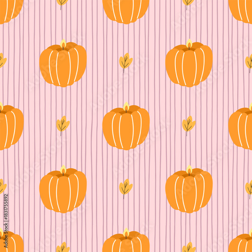 Pumpkin candle seamless pattern with cute orange pumpkins, soft stripes and flower. Perfect for cozy autumn decor, Halloween, Thanksgiving Day, wrapping paper and seasonal designs