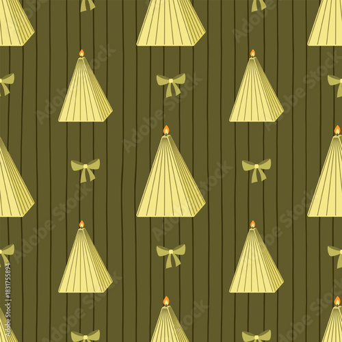 Cozy geometric seamless pattern with cone candles, soft olive stripes and tiny bows. Ideal for autumn crafts, packaging, stationery and fabric prints