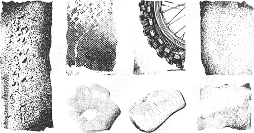 Black and white textured grunge elements including tire tread and abstract organic shapes vector