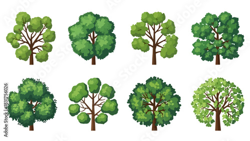 A diverse collection of illustrated green tree top views, perfect for landscape design and architectural planning projects