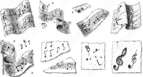 Collection of hand drawn musical notes and sheet music elements in black and white staff treble
