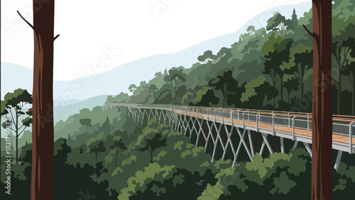 Scenic Treetop Canopy Walkway Extending Through a Lush Mountain Forest Illustration