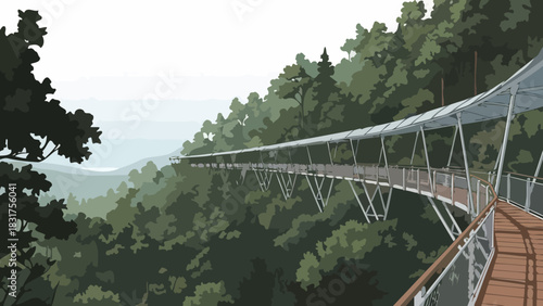 A serene journey on an elevated canopy walkway through a lush green jungle landscape