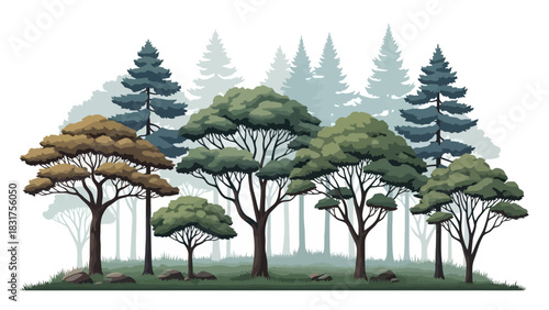 Diverse collection of stylized trees forming a natural forest landscape