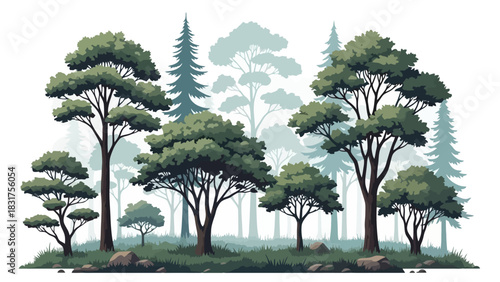 Diverse forest illustration showcasing green trees in the foreground and blue trees in the background, creating a natural depth and tranquil woodland scene