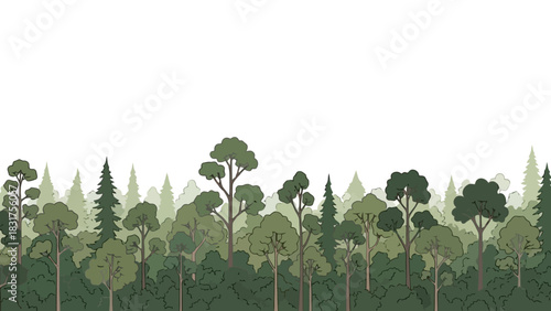 Lush Green Forest Trees Seamless Border Illustration, a Detailed Woodland Landscape Vector Design for Nature Backgrounds and Environmental Concepts