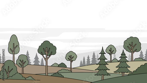 Peaceful natural scenery illustration of a rolling hills landscape with green trees and a forest background