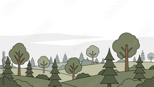 Stylized landscape illustration featuring a peaceful forest with diverse green trees, lush hills, and a calm, overcast sky, ideal for nature backgrounds and scenery